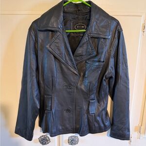 T W Women's Black Leather Jacket like new P2P17”